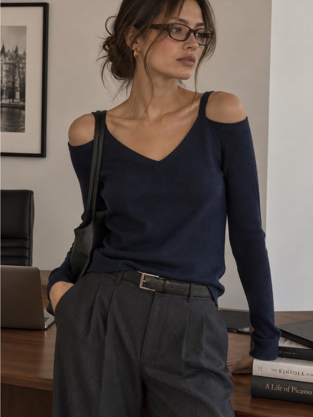 GREY Jason Wu Cold Shoulder Sweater Medium Navy Merino Wool Quiet Luxury